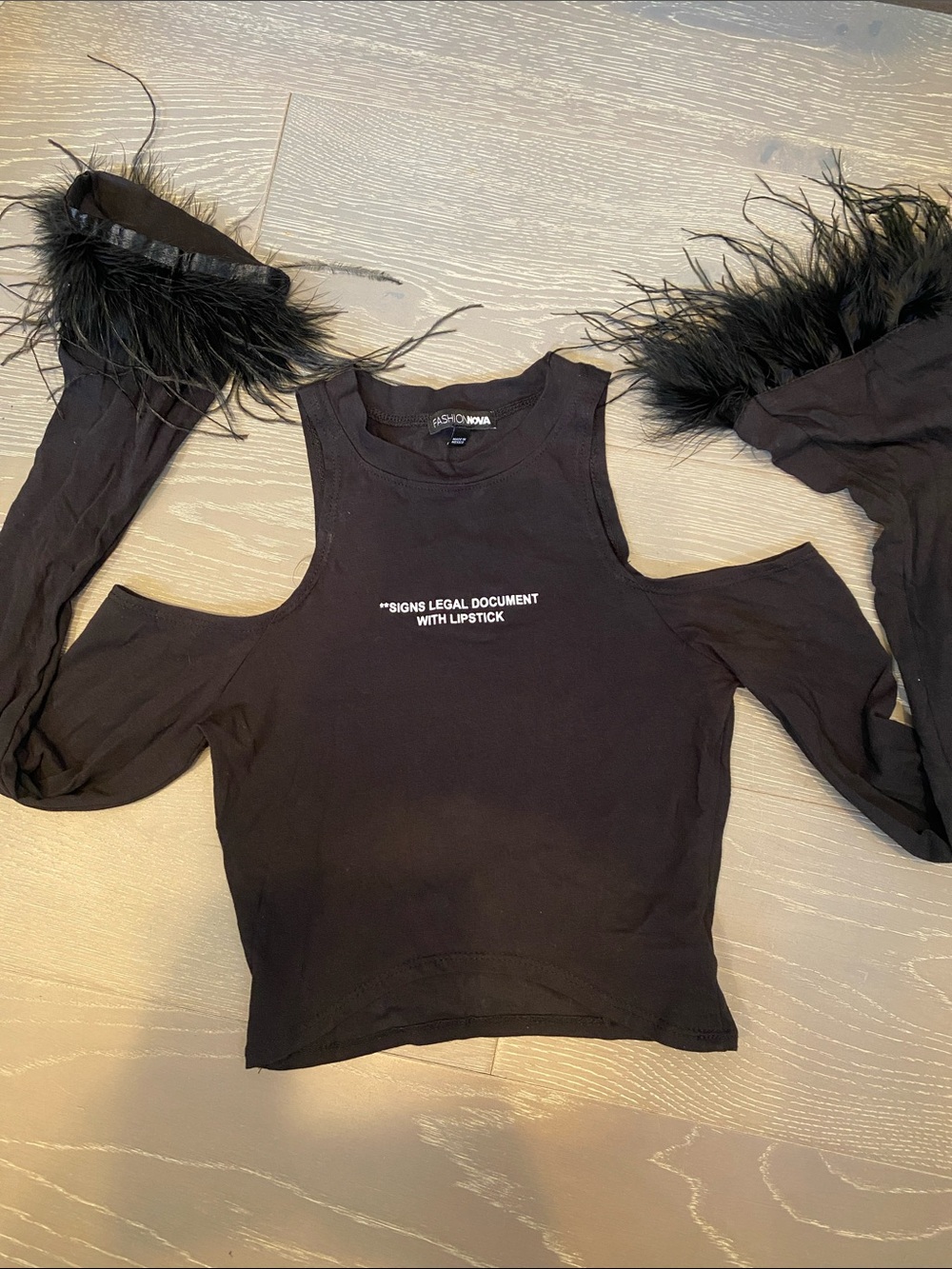 Fashion Nova Black Cold-Shoulder Feather Cuff Crop Top with Slogan - Picture 2 of 3
